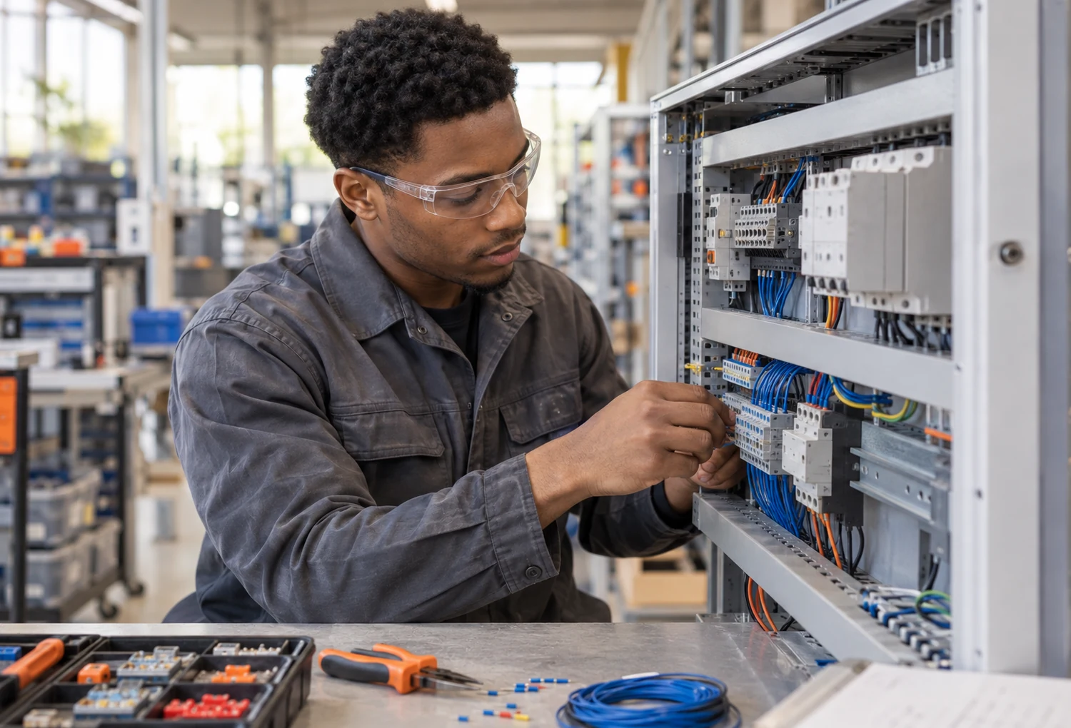 Electrical assembler wiring a control cabinet in a manufacturing workshop
