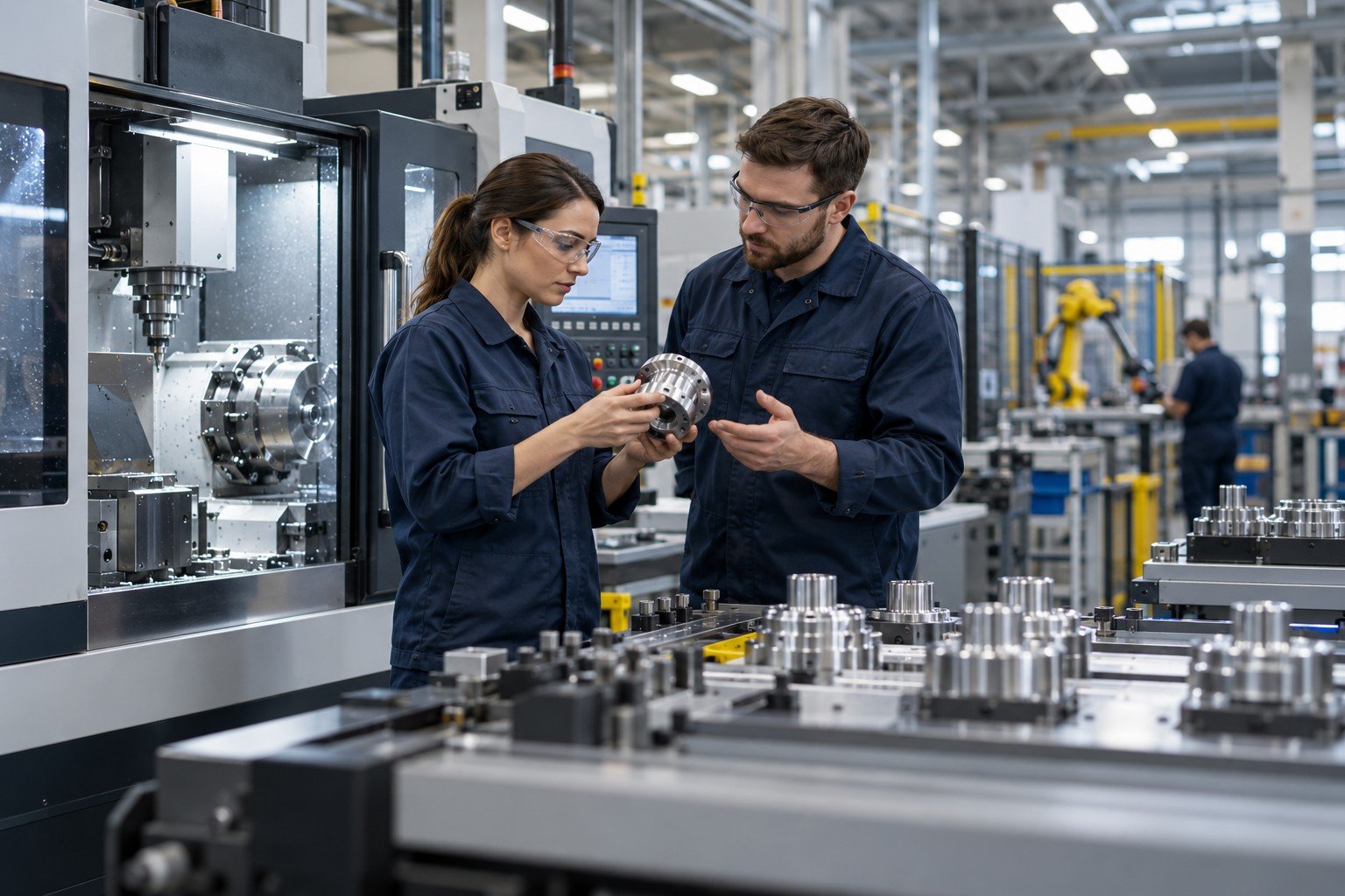 Production professionals inspecting a precision-machined component inside a modern manufacturing facility